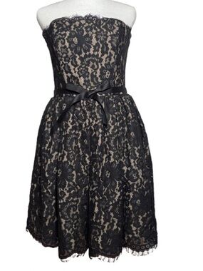 Robert Rodriguez Black & Nude Lace Strapless Mini Party Dress With Bow & Tulle